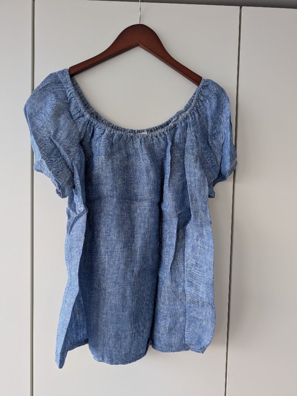 Joie Blue Chambray Linen Peasant Top Scoop Neck Puff Sleeve Size XS
